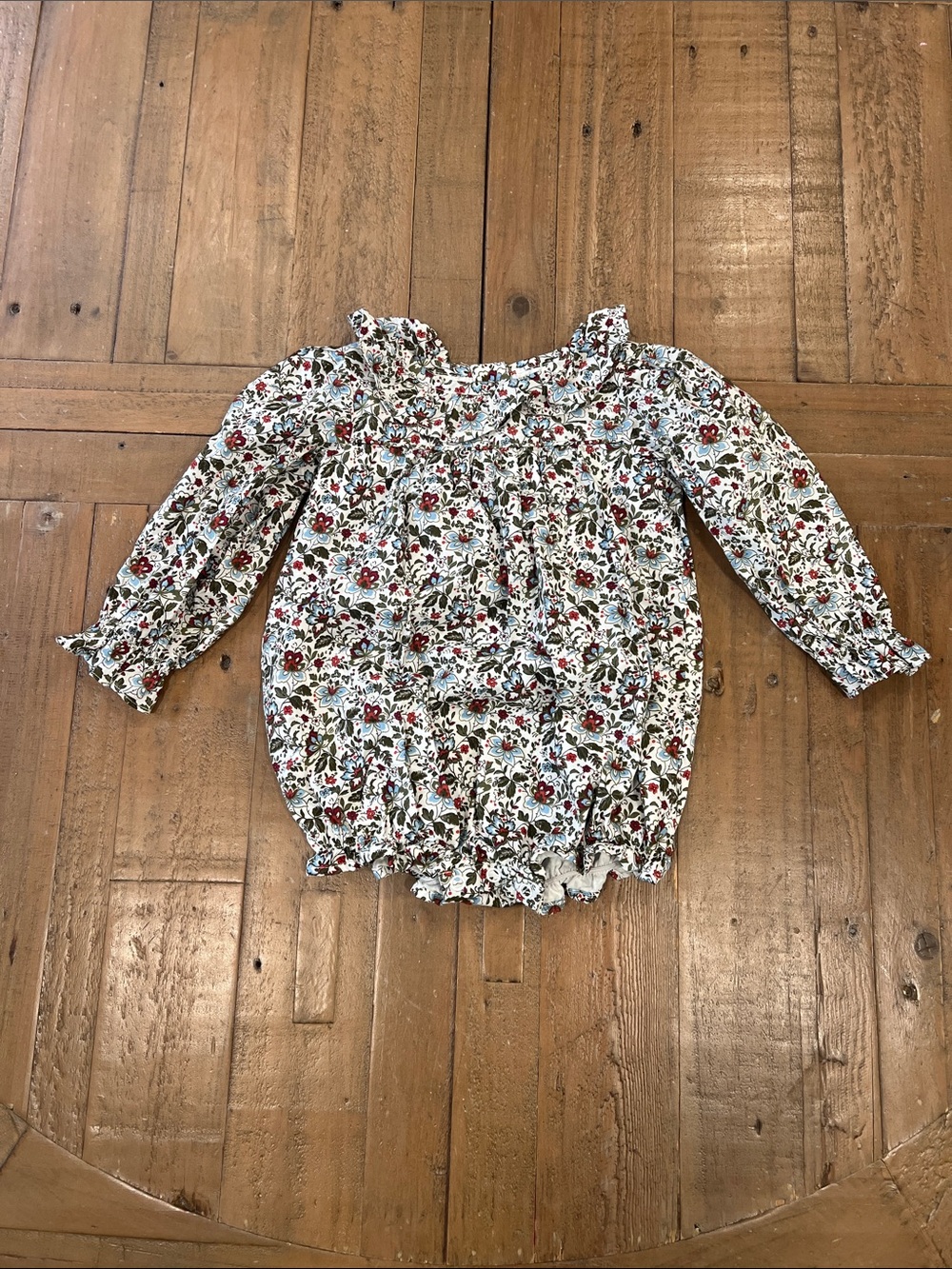 Smockingbird fall floral long sleeve ruffled bubble romper 9 months